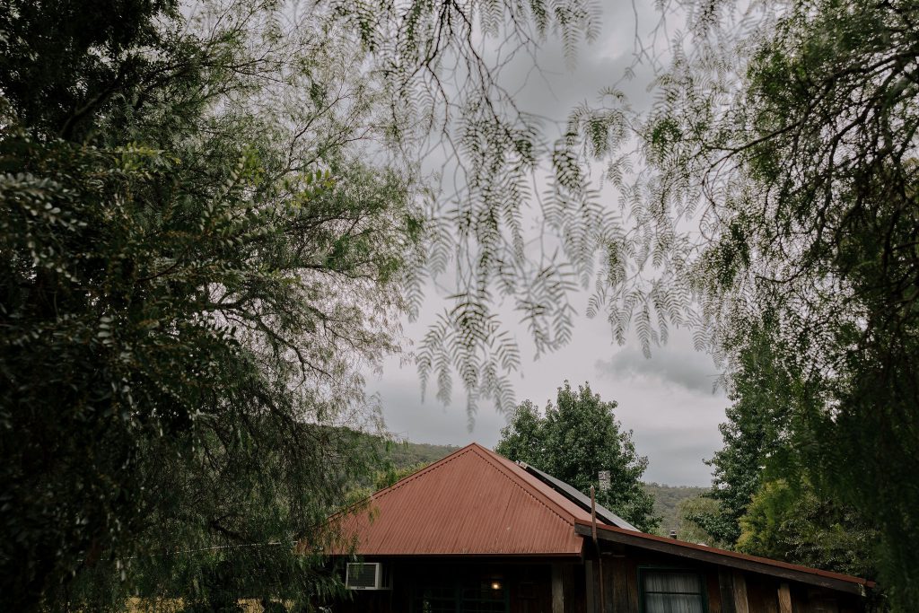 Cottage rooftop framed by trees at Stonehurst